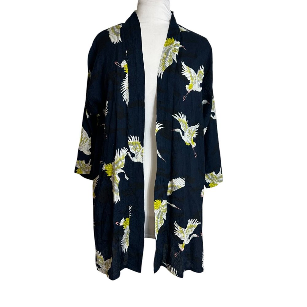 Masai Open Front Cardigan XS Crane Bird Print Kimono Style Jacket Navy NEW